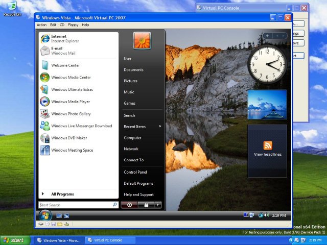 Screen-shot of Virtual PC running Windows Vista guest on Windows XP host